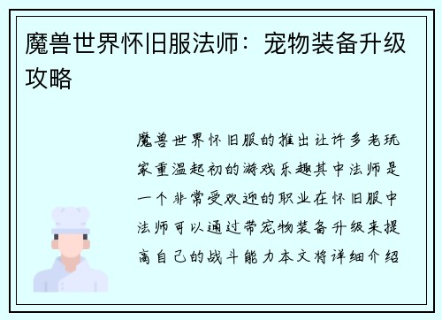 魔兽世界怀旧服法师：宠物装备升级攻略